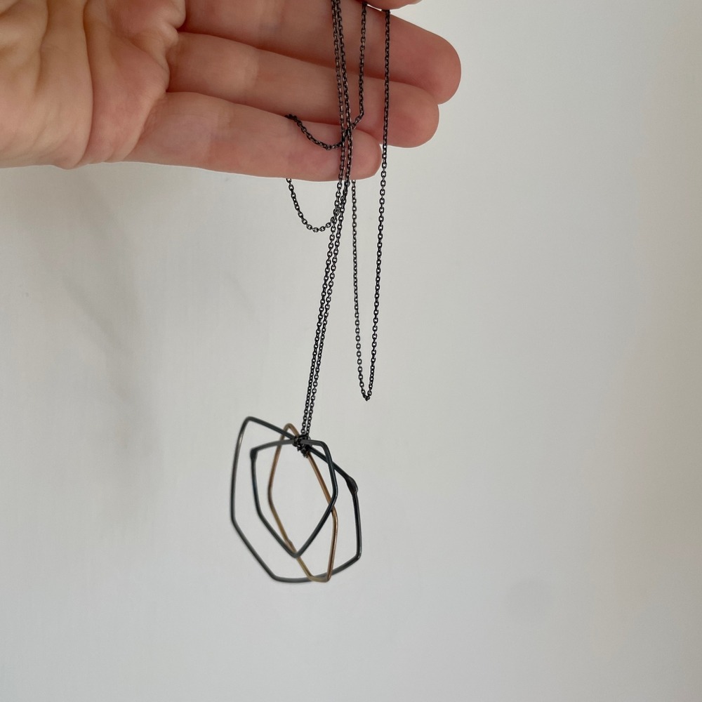 Handmade Geometric Wire Frame Layered Pendant Necklace Mixed Metal 28in Chain